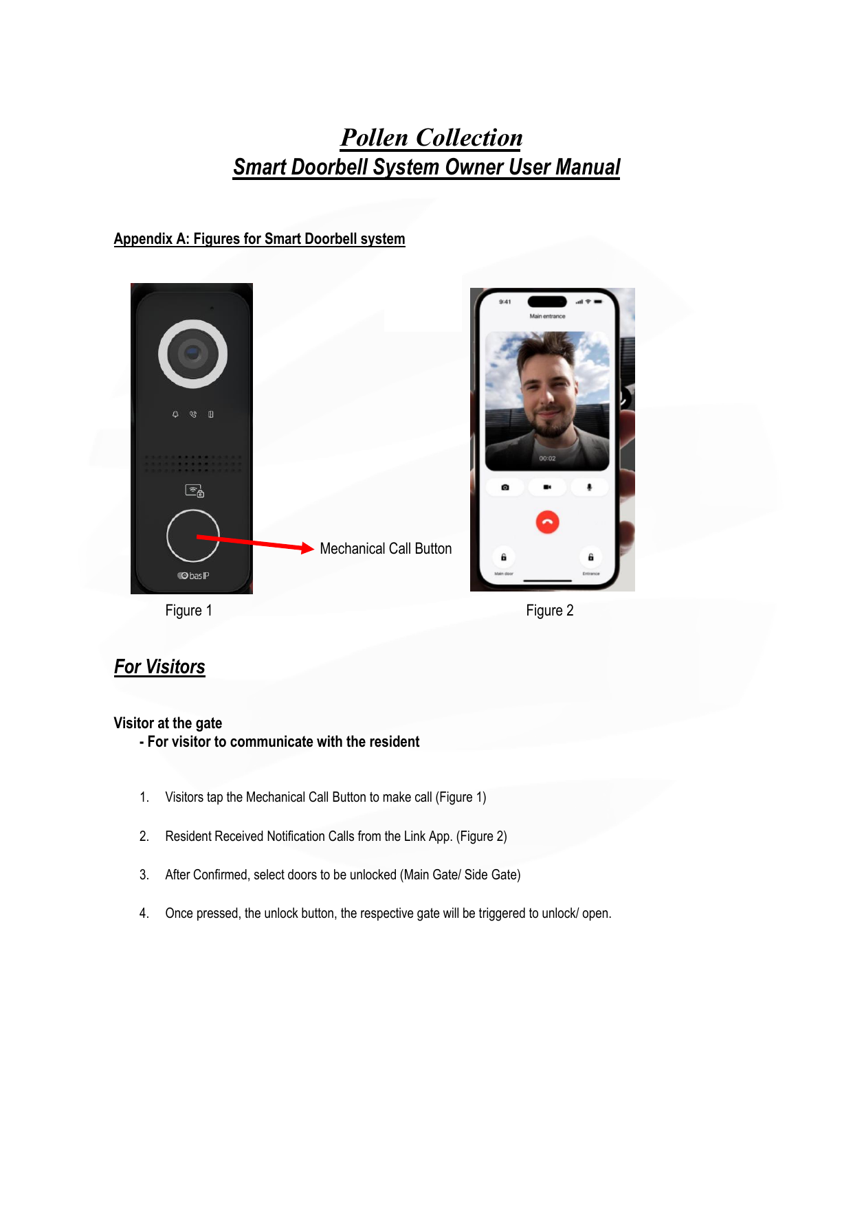 photo of the gate doorbell unit showing the call button, next to a phone screenshot of what the "Link App" call screen looks like