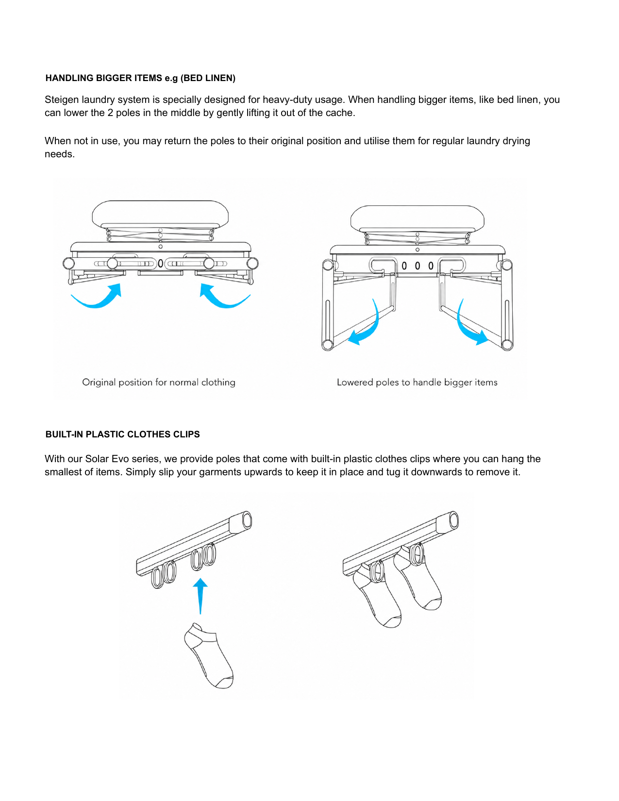 How to lower the two centre poles for bulky items like bedsheets, and how the built-in clothes clips work.