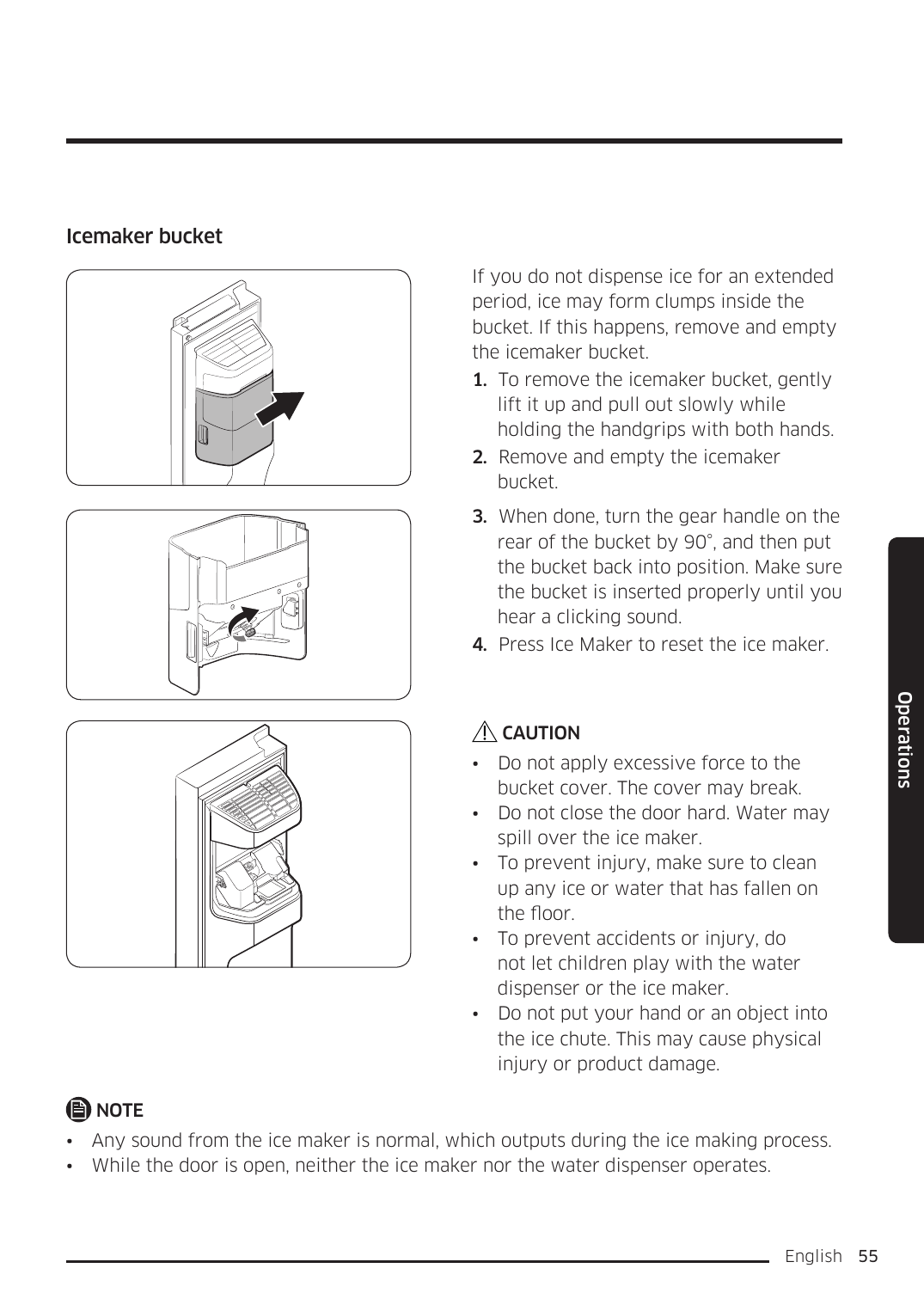 Step-by-step pictures showing how to take out and empty the ice bucket if the ice has clumped together.