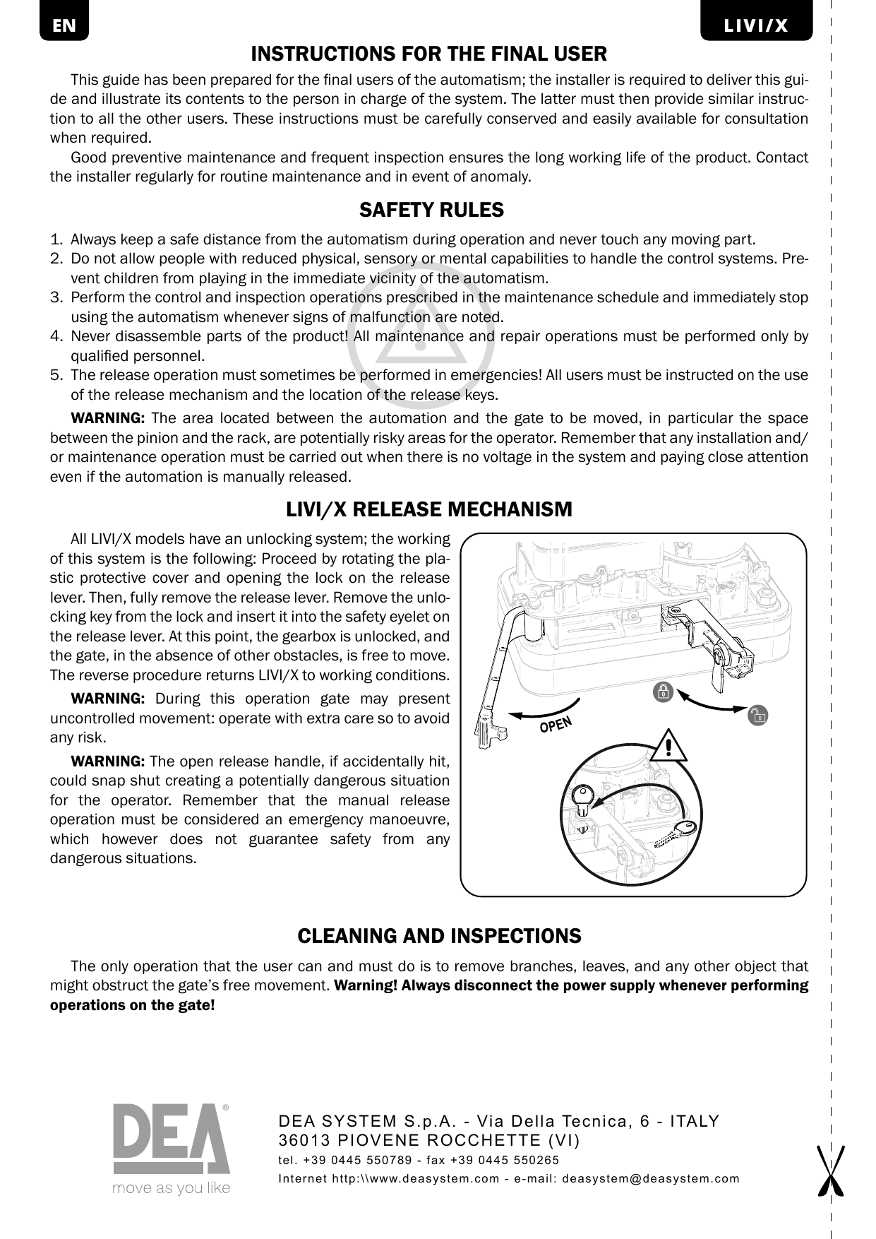 The official "final user" page: the gate's safety rules and the exact release lever you pull to move the gate by hand in an emergency.