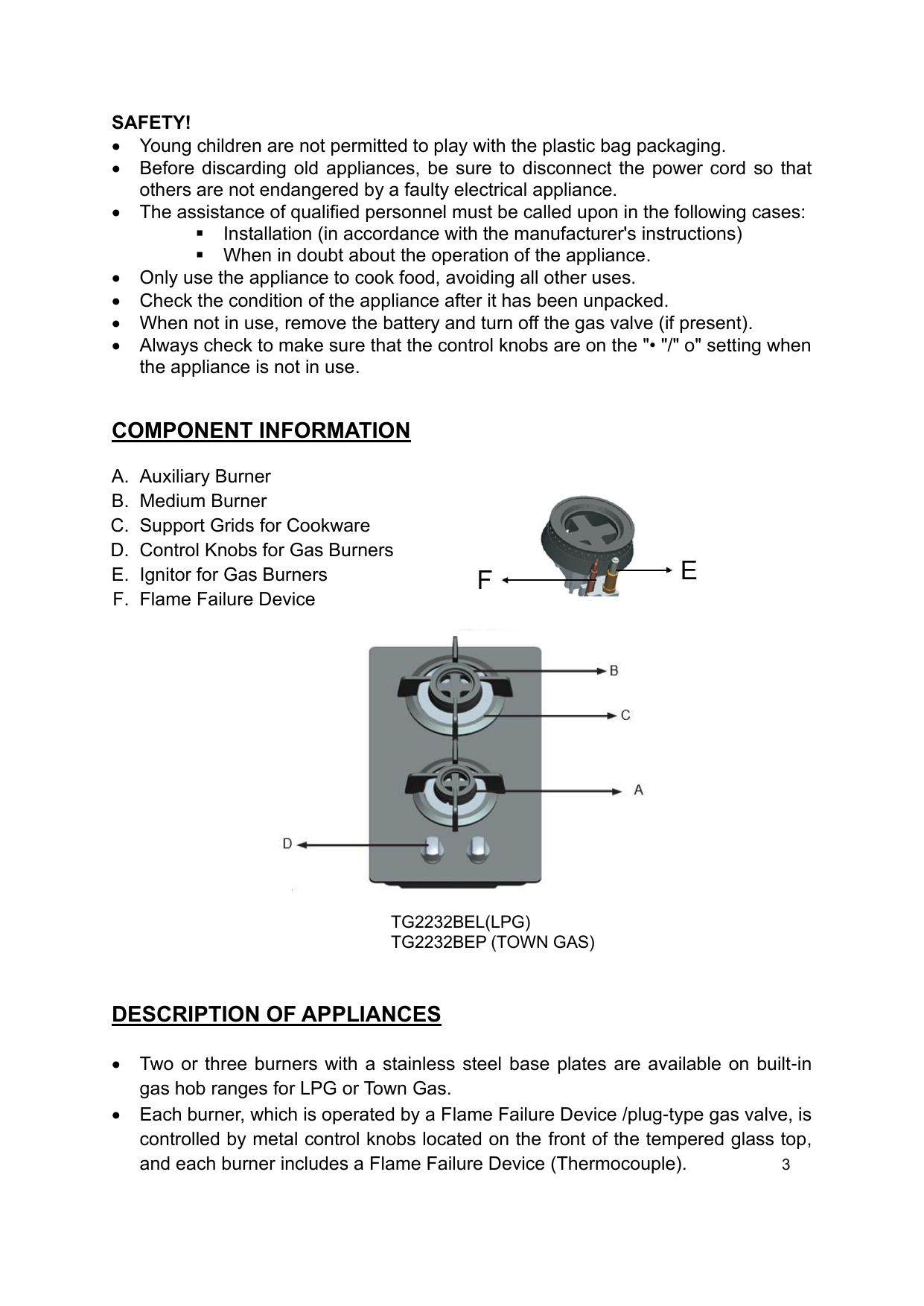 Labelled diagram of the two burners, the control knobs, the igniter button, and the safety flame sensor.