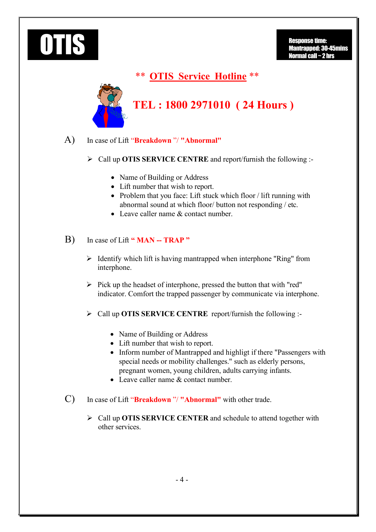 The OTIS 24-hour emergency page: what to do if the lift breaks down or someone is stuck inside, with the hotline number.