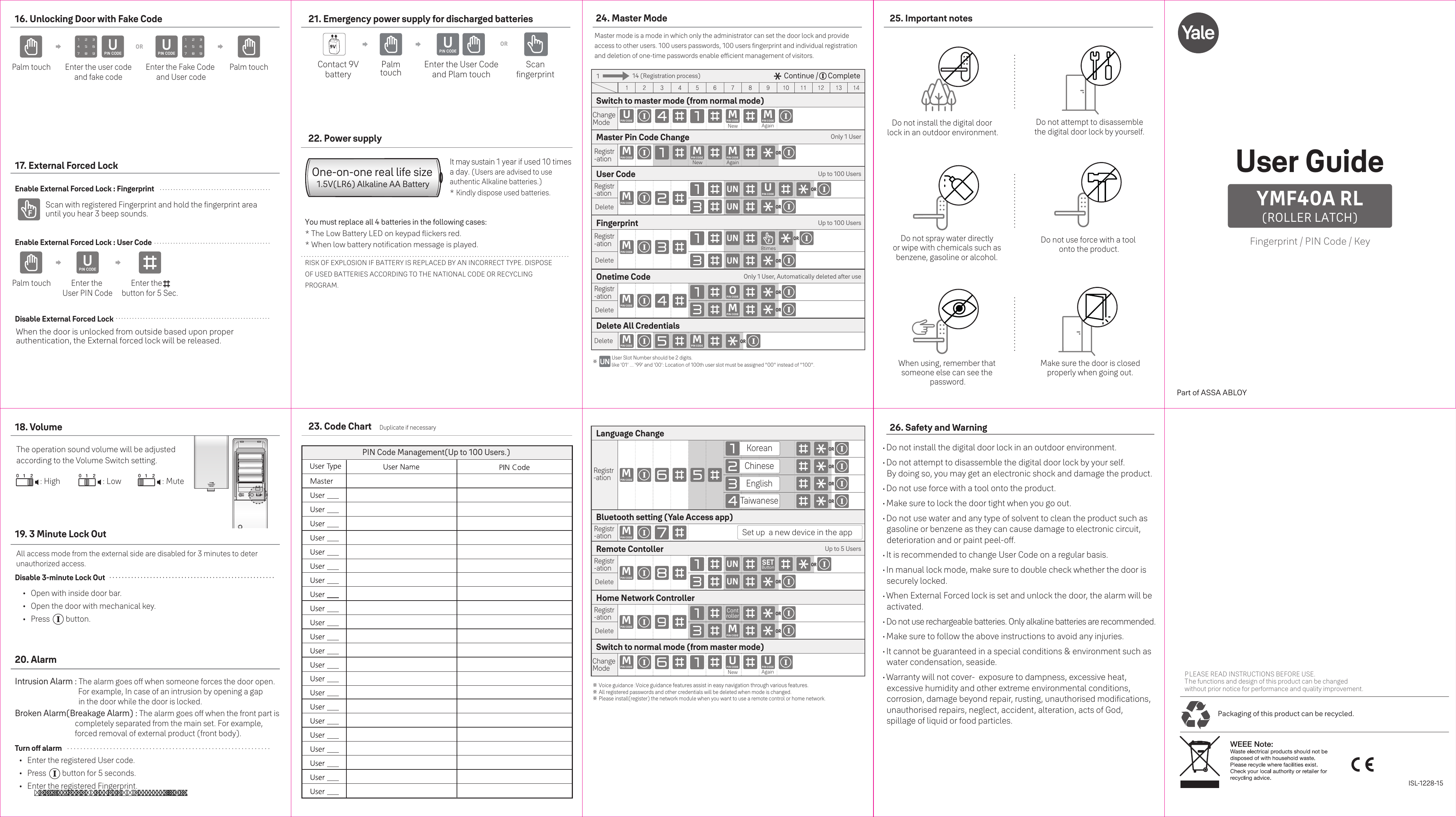 More of the picture-guide: emergency power for dead batteries, the Master Mode code chart, and the safety warnings (numbered sections 16–26).