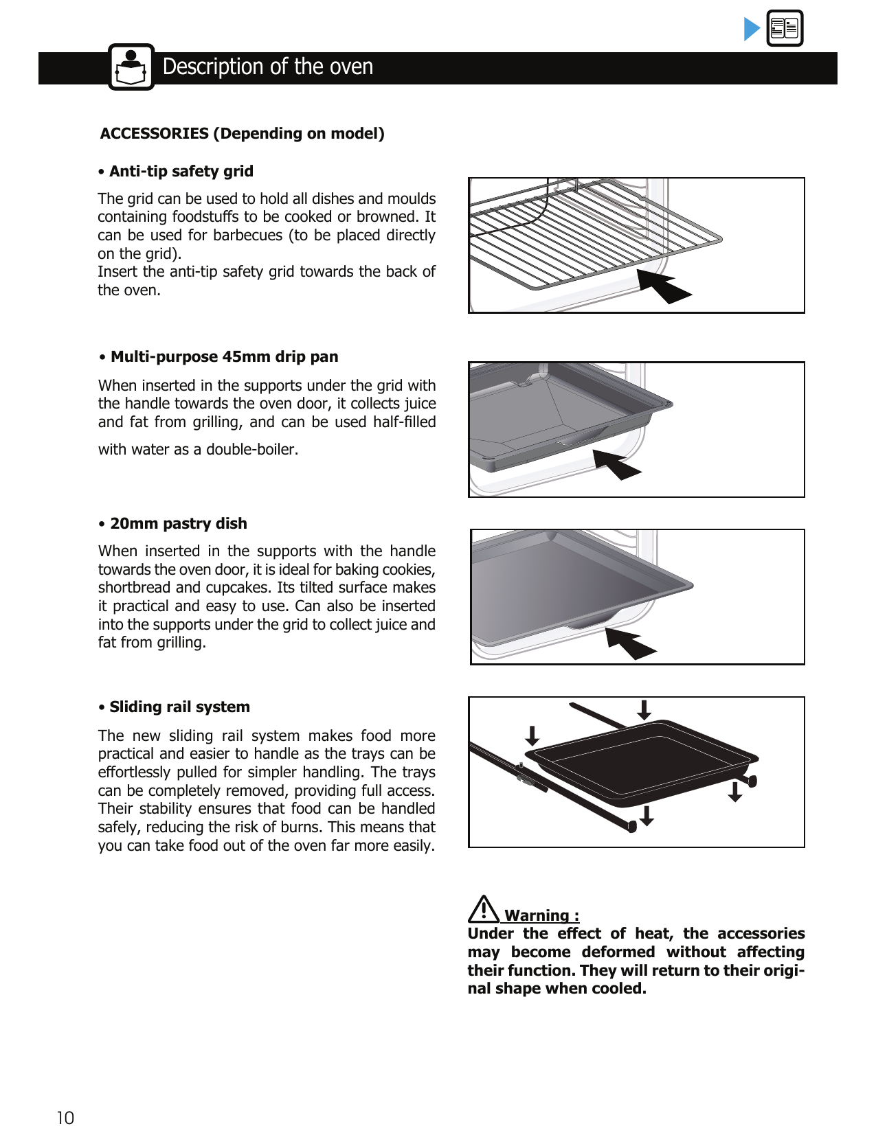 The four trays/racks you can put inside (safety grid, drip pan, pastry dish, sliding rails) and how each one is used.