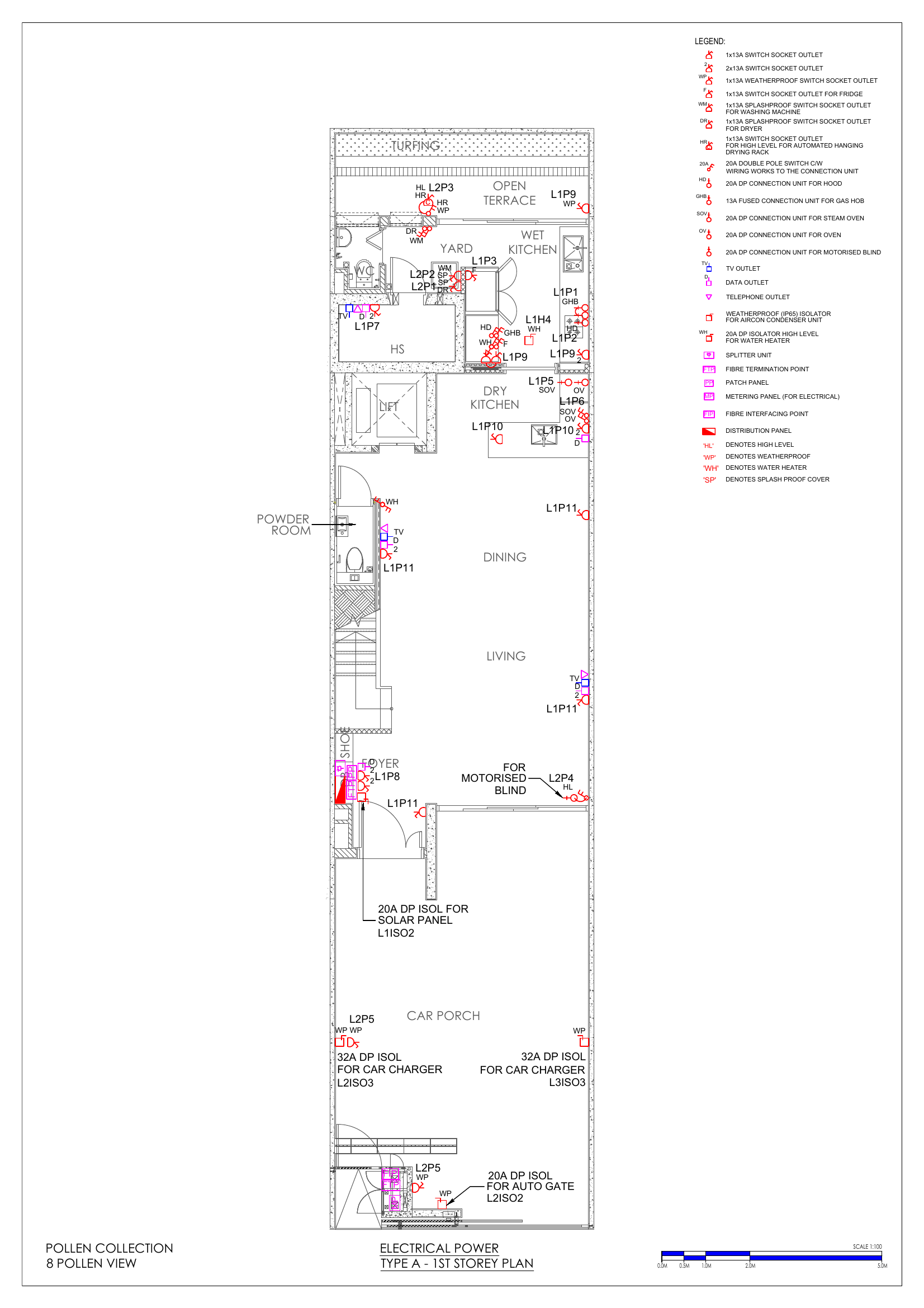 1st Storey (kitchen appliance points, Distribution Board at Foyer, solar & auto-gate isolators, 2x EV car charger points at Car Porch)