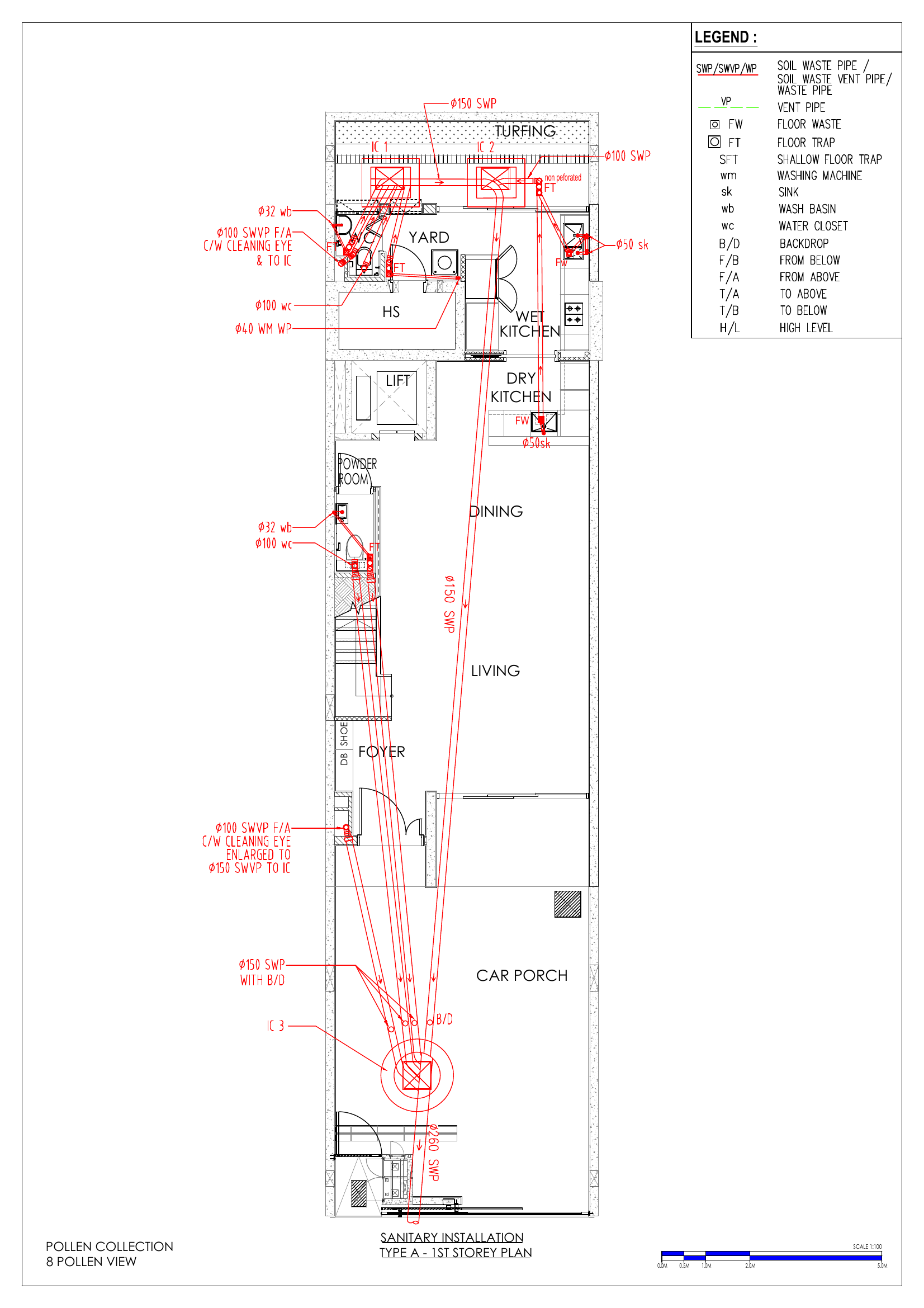 1st Storey (3 inspection chambers: IC1 & IC2 at the front Turfing/entrance strip, IC3 at Car Porch; floor traps/floor wastes in WC, Yard, Wet/Dry Kitchen)