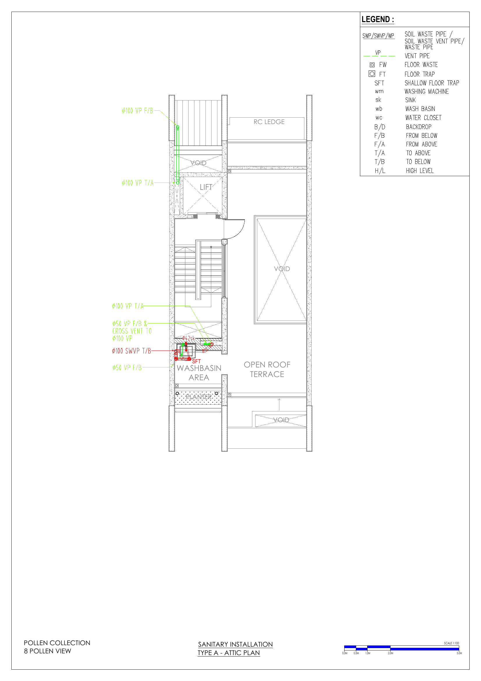 Attic (washbasin area drainage + vent pipe routing)