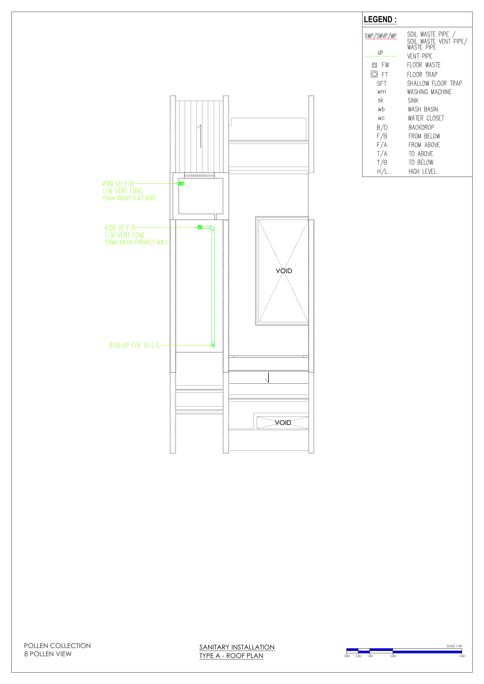 Roof (2 vent pipe outlets with vent cowls, terminating 150mm above the flat roof / parapet wall)