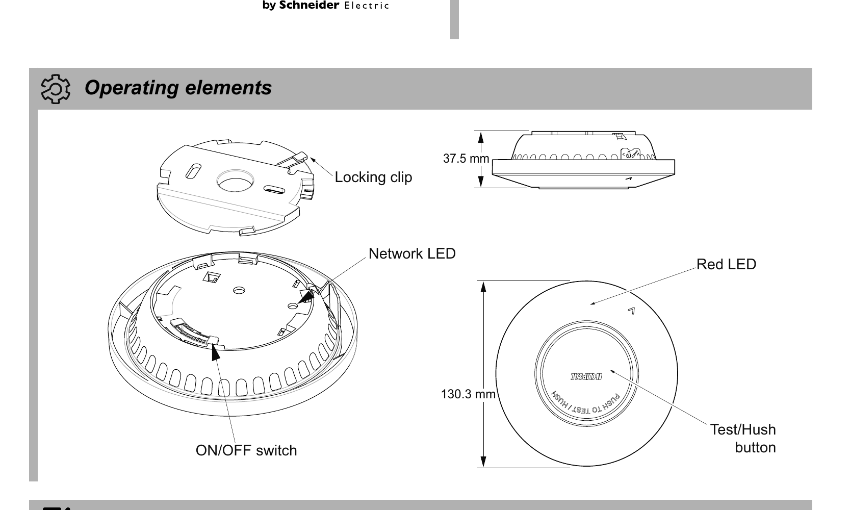 What the alarm looks like and where its parts are: the Test/Hush button, the red warning light (LED), and the on/off switch.