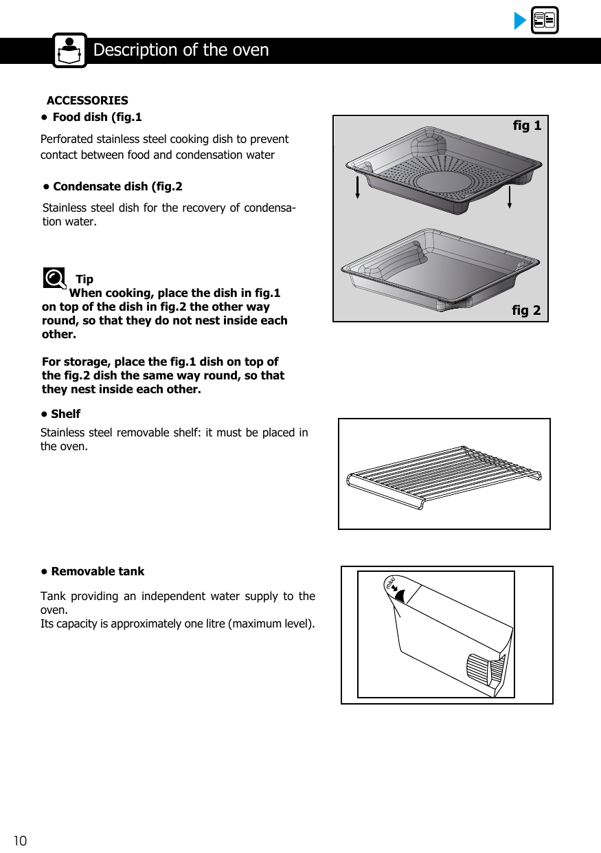The removable dishes, shelf, and water tank that come with the oven, and how to stack them for storage.