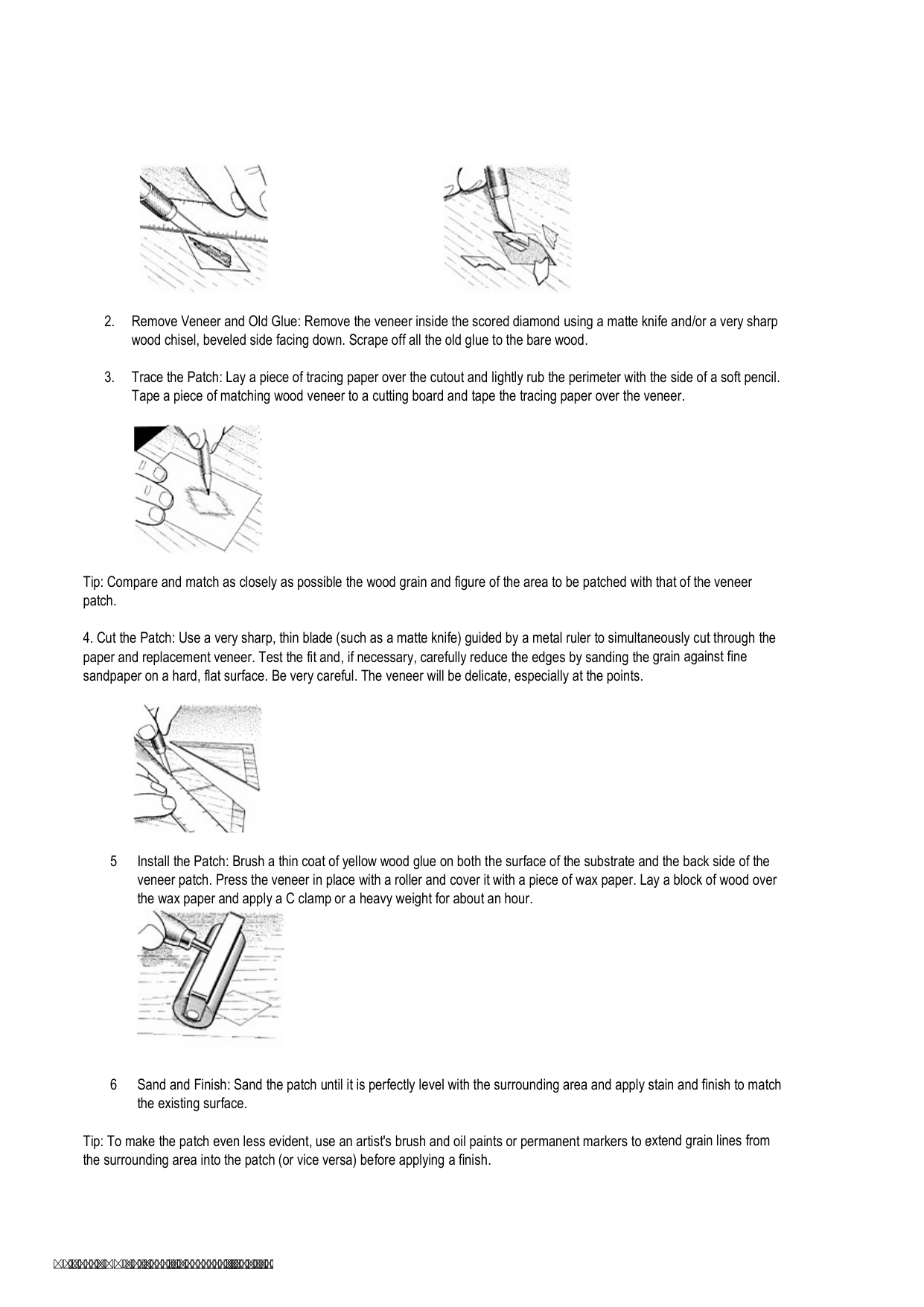 step-by-step drawings showing how to cut out and patch a damaged piece of veneer