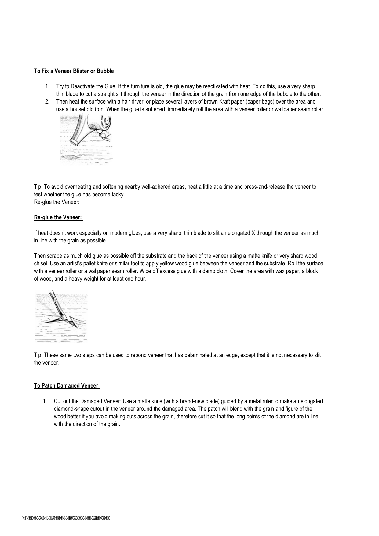 step-by-step drawings showing how to fix a bubble or loosened patch of wood veneer using gentle heat and glue