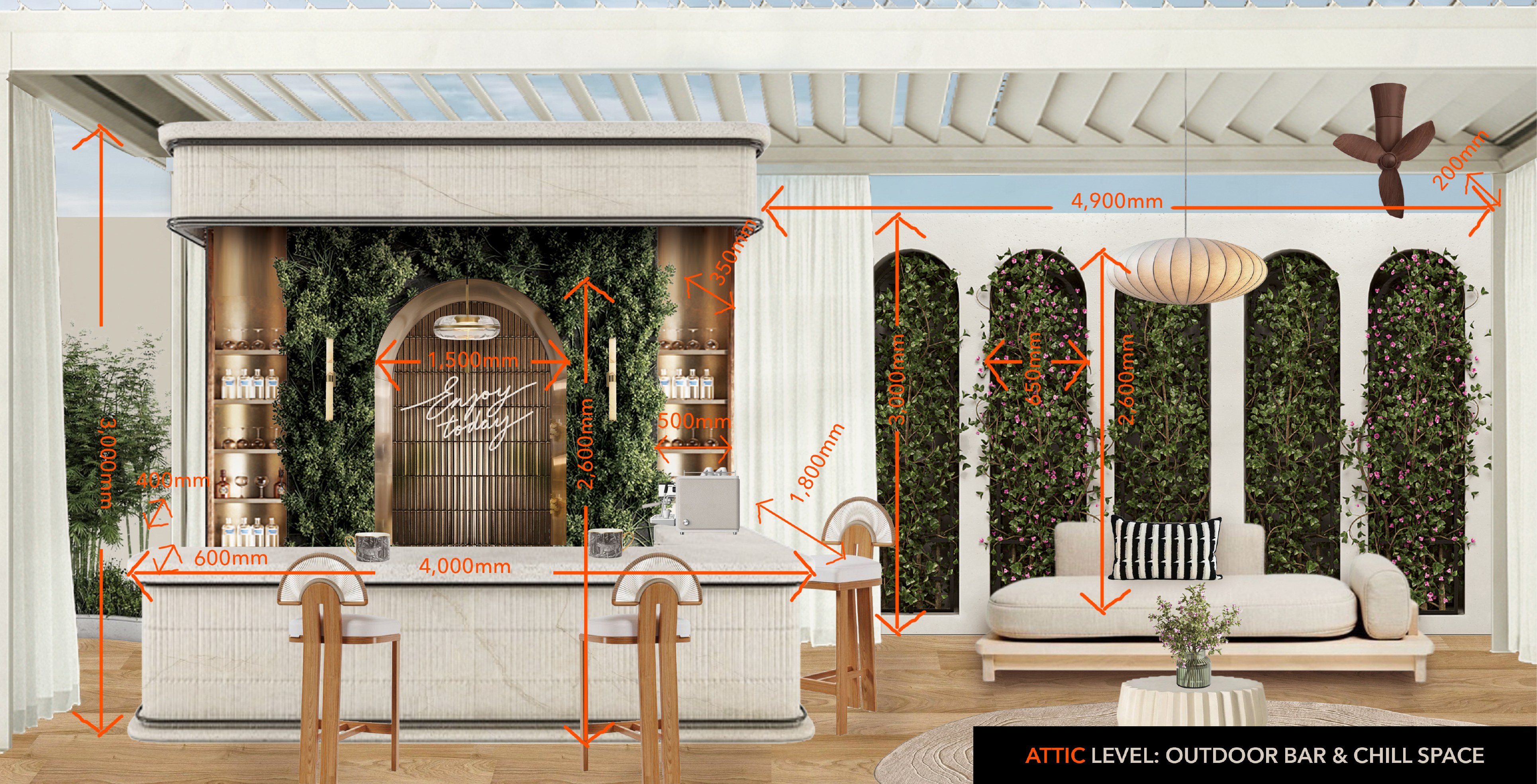 Dimensioned drawing: 4,000mm bar counter, 1,500mm arch backdrop, 2,600mm greenery wall height, 4,900mm lounge wall width, 650mm/2,600mm trellis panel dimensions.
