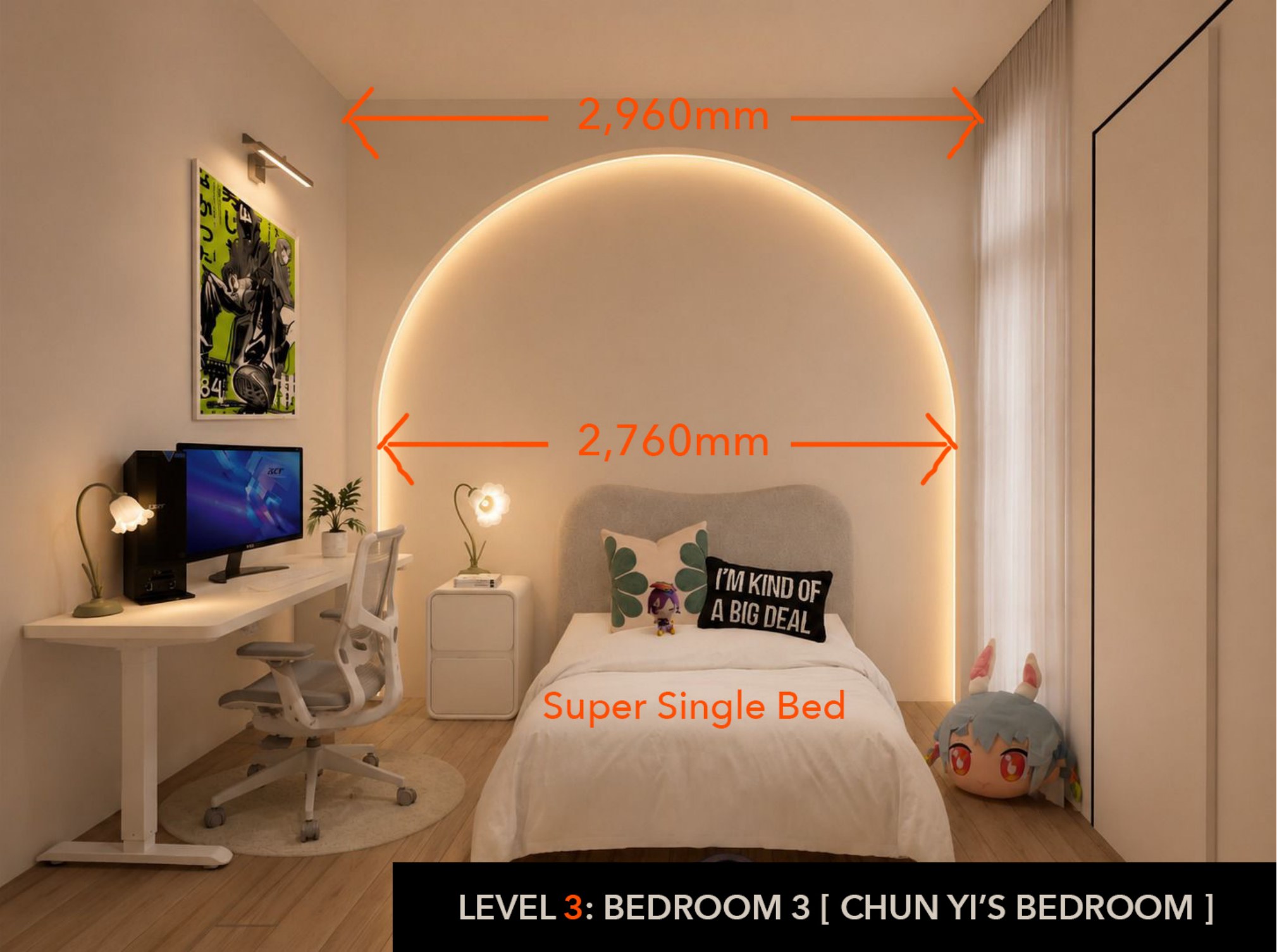 Dimensioned drawing of the arch wall: 2,960mm arch width, 2,760mm inner arch width, "Super Single Bed" label.