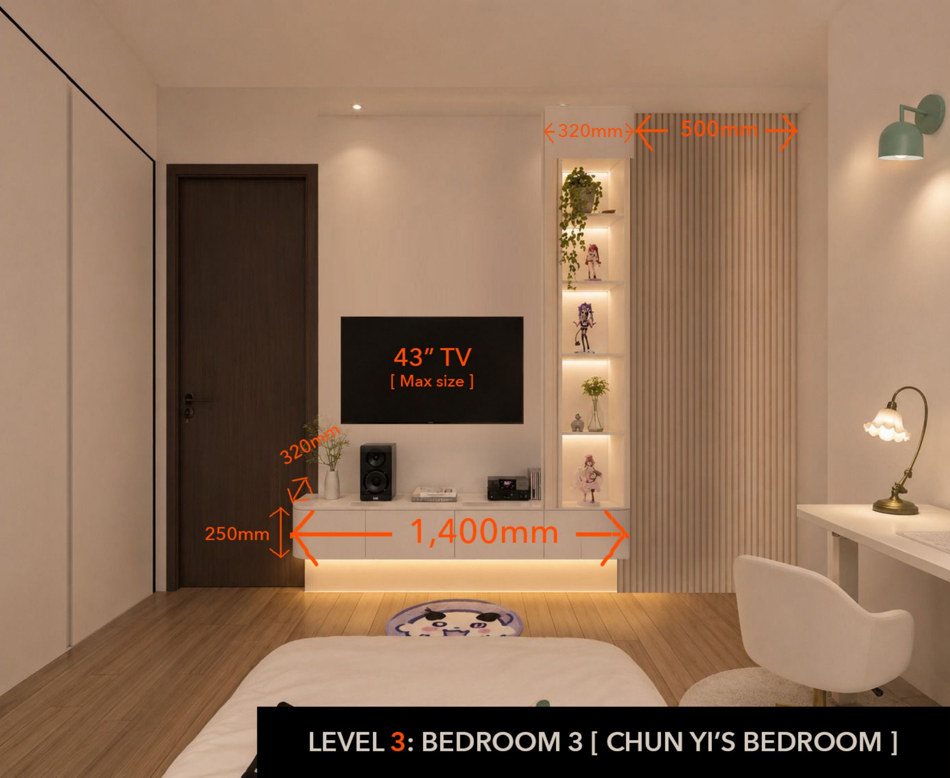 Dimensioned drawing of the TV wall: "43" TV [Max size]," 1,400mm console, 320mm/500mm display shelf dimensions.