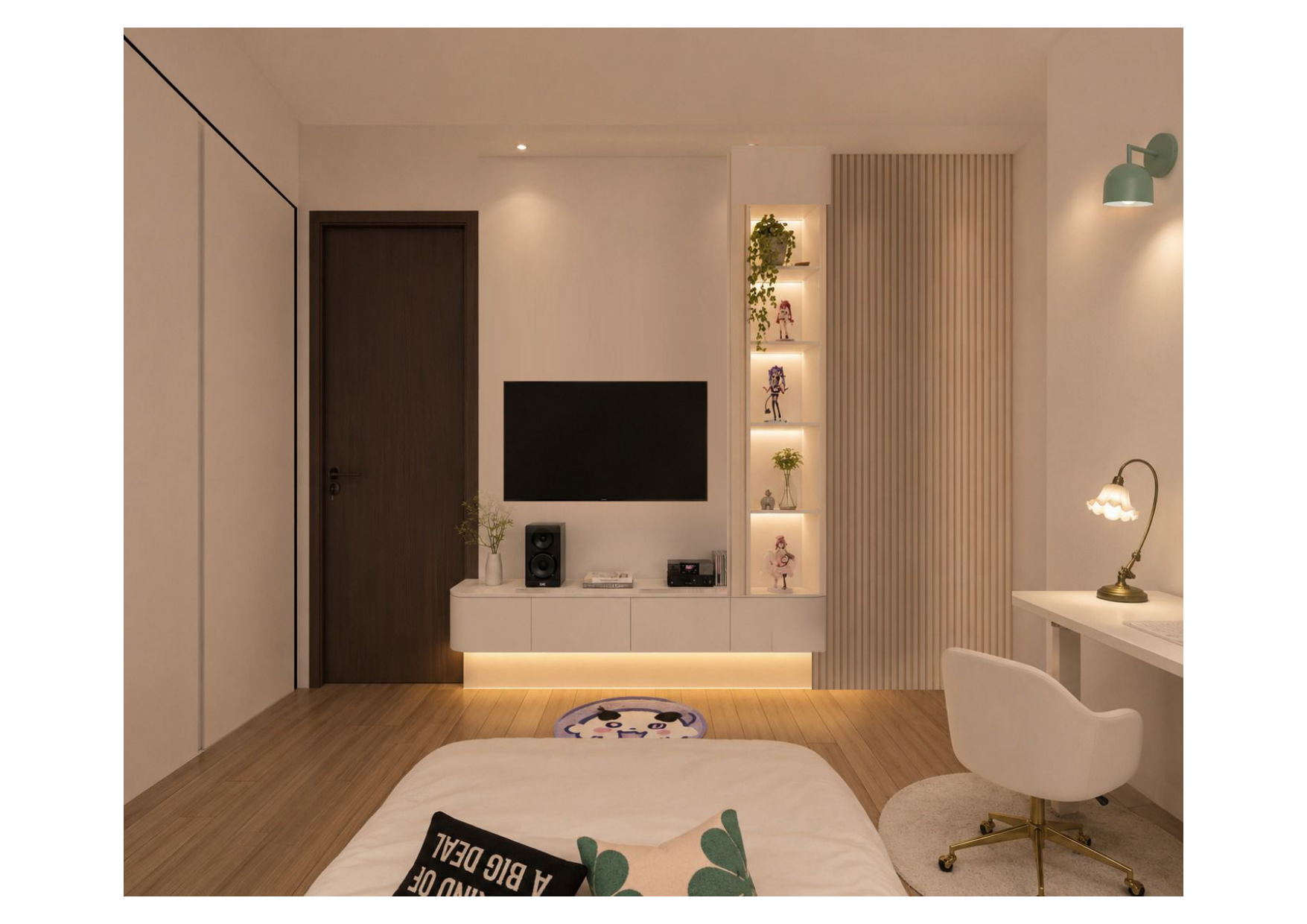 Rendered visual of the TV/display wall with figurine shelf.