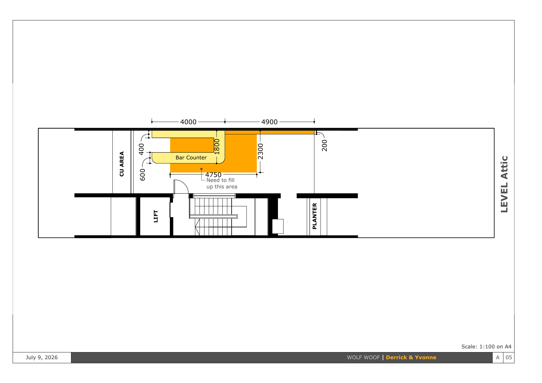 Attic level plan: bar counter and lounge area to be filled in, CU area.
