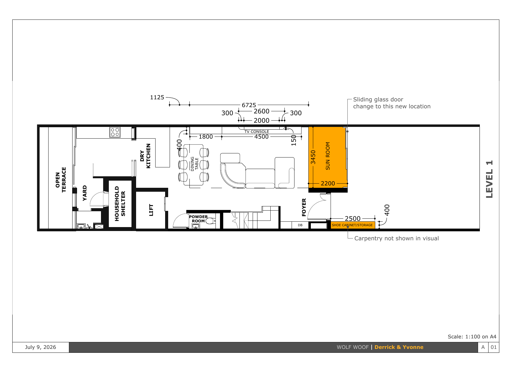 Level 1 plan: Living, Dining, Sun Room, Car Porch, kitchen, foyer; shows sliding-door relocation and shoe cabinet.