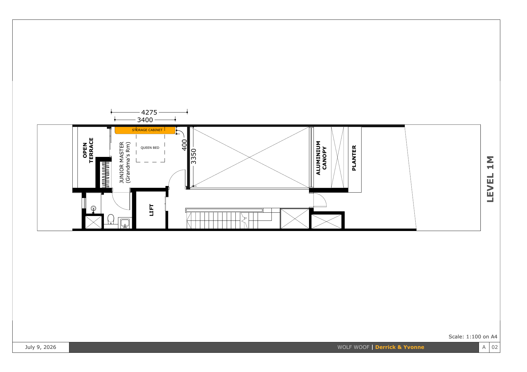 Level 1M plan: Junior Master (Grandma's Rm), lift, terrace, planter.