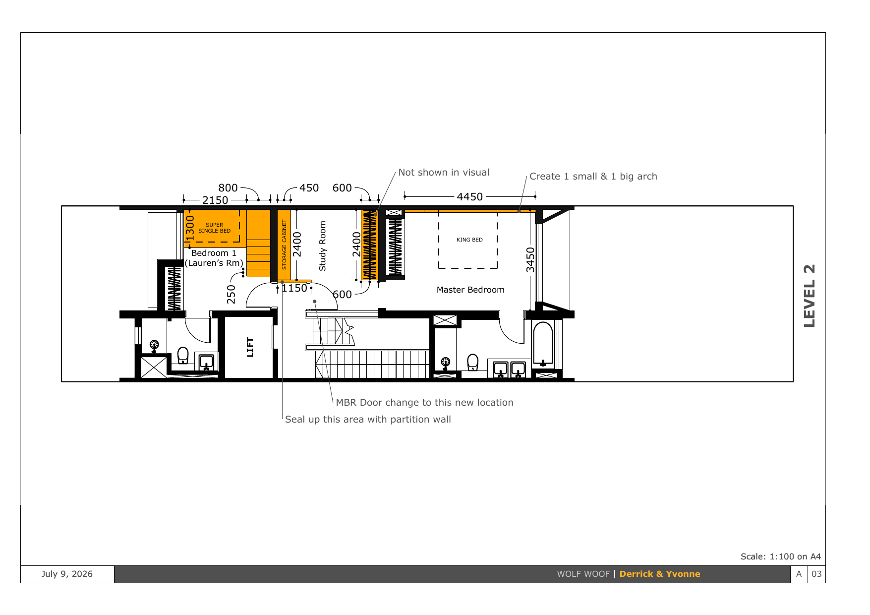 Level 2 plan: Bedroom 1 (Lauren's), Study Room, Master Bedroom; shows MBR door relocation, sealed partition, and new arches.
