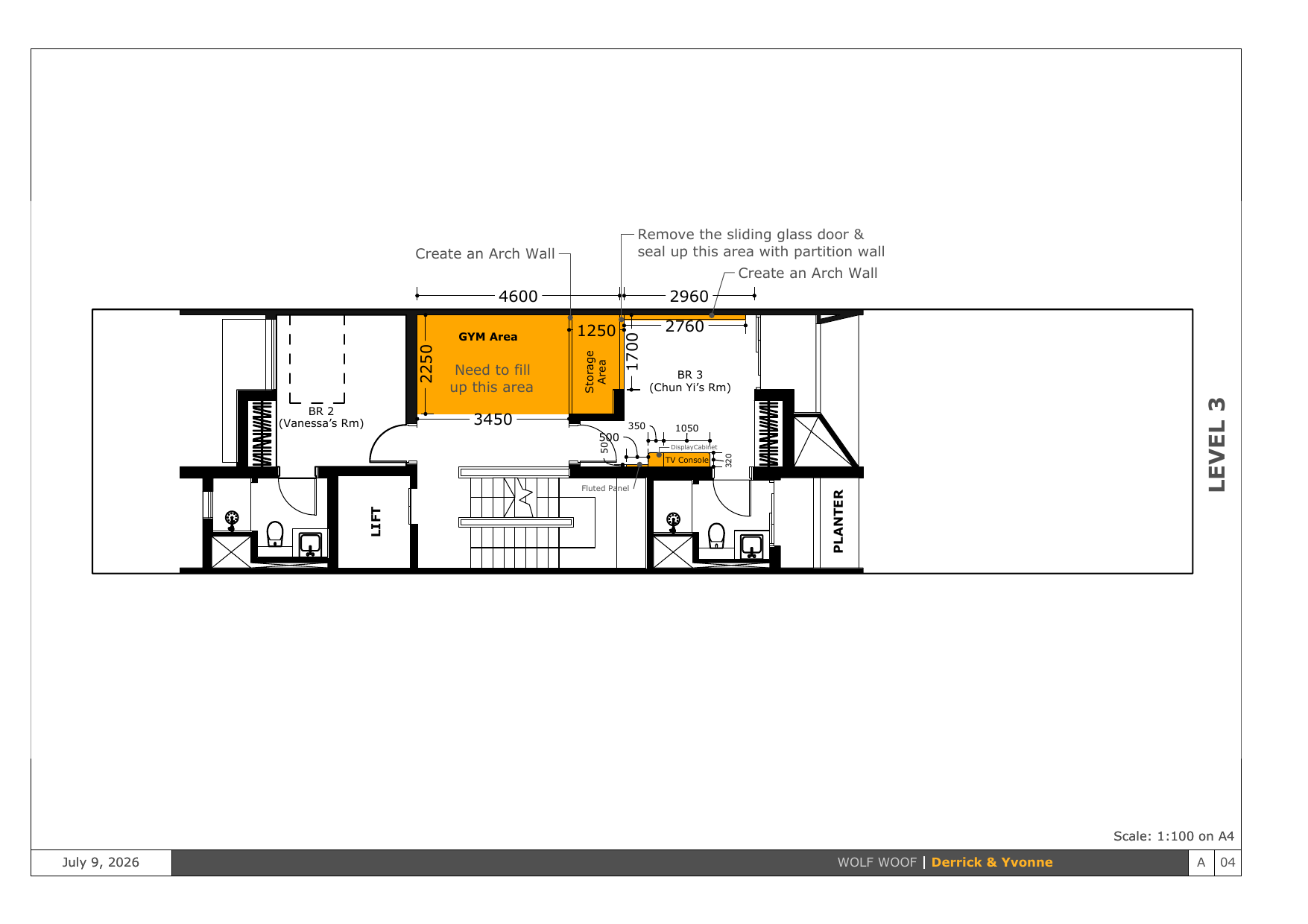 Level 3 plan: Bedroom 2 (Vanessa's), Gym Area, Storage Area, Bedroom 3 (Chun Yi's); shows arch walls and sealed sliding-door opening.