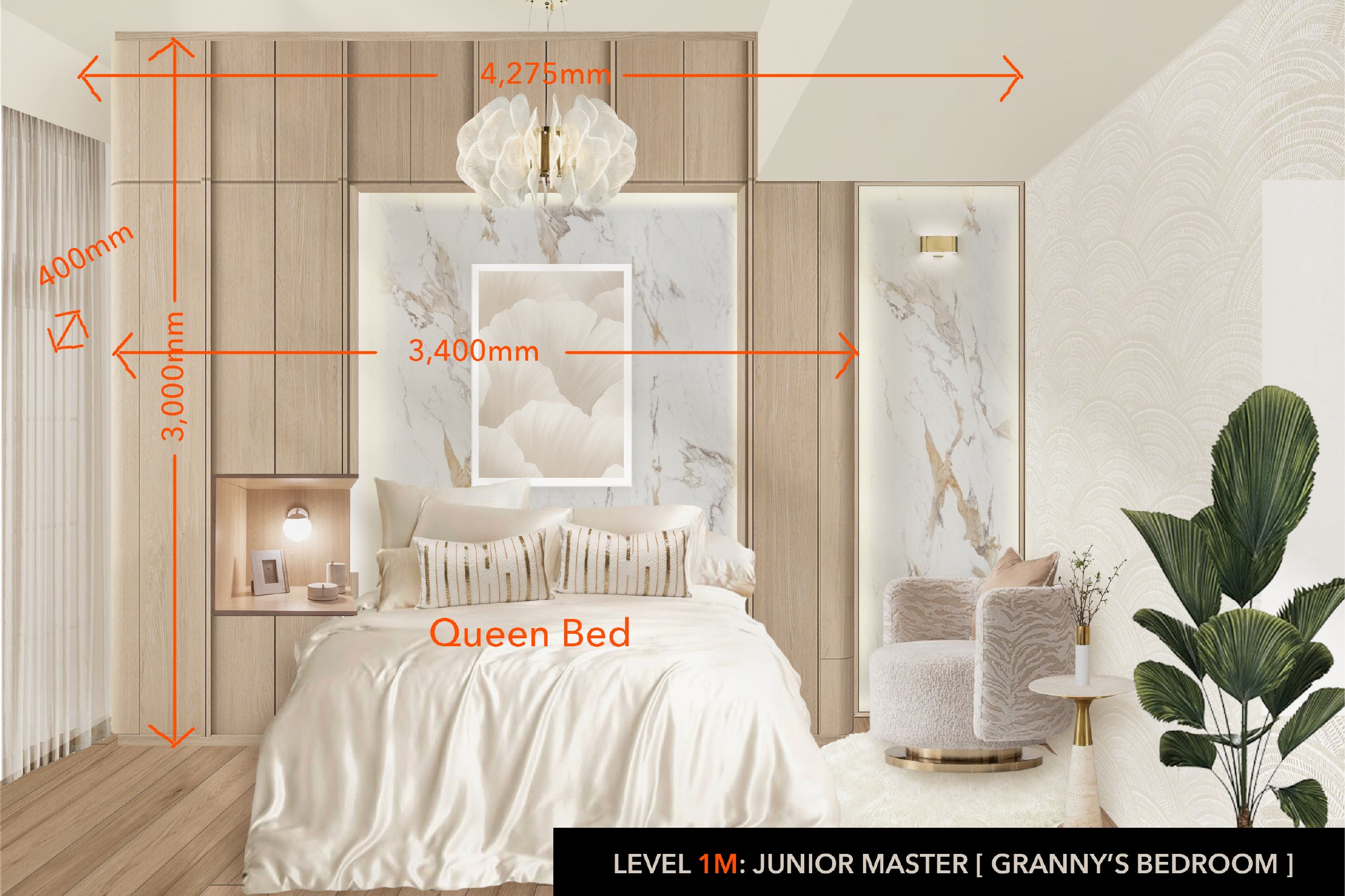 Dimensioned technical drawing: 4,275mm wardrobe wall width, 3,400mm marble panel width, 3,000mm/400mm height callouts, "Queen Bed" label.