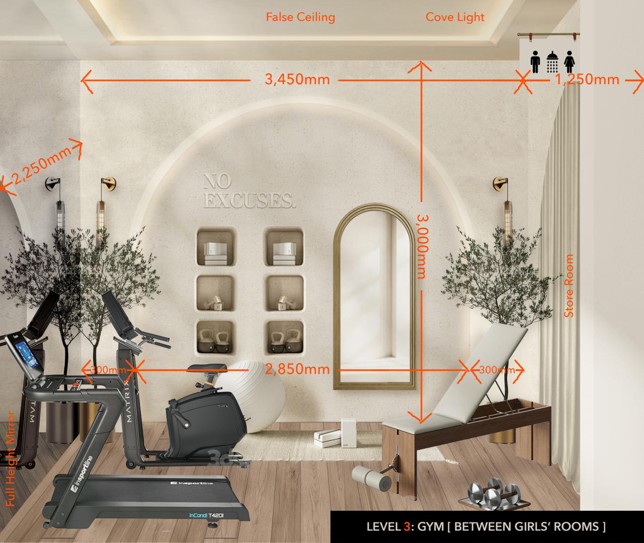 Dimensioned version: 3,450mm/3,000mm/2,850mm wall and arch dimensions, 2,250mm/1,250mm offsets, labeled "LEVEL 3: GYM [BETWEEN GIRLS' ROOMS]," notes "False Ceiling," "Cove Light," "Full Height Mirror," "Store Room" (adjacent).