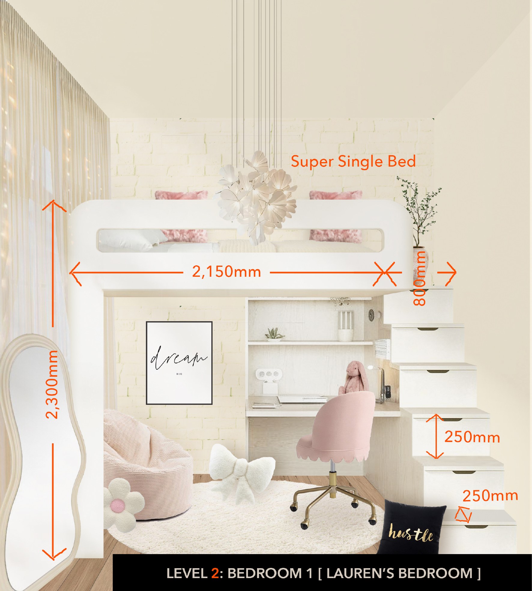 Dimensioned drawing: 2,150mm bed width, 2,300mm bed height clearance, 800mm/250mm storage-stair drawer dimensions, "Super Single Bed" label.