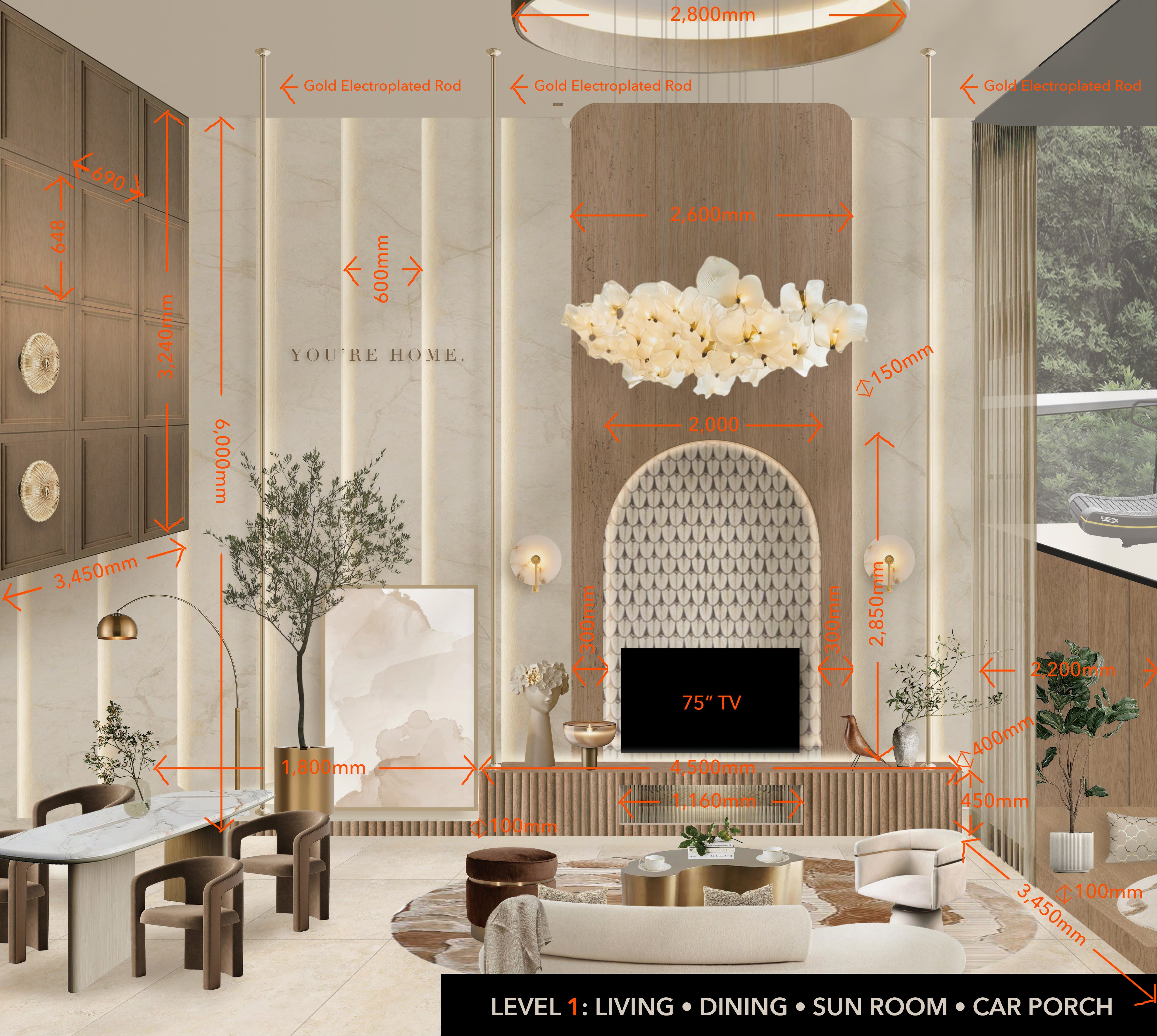 Dimensioned technical drawing of the same wall: 75" TV, 2,800mm chandelier, gold electroplated rods, 4,500mm TV console, arch niche dimensions.
