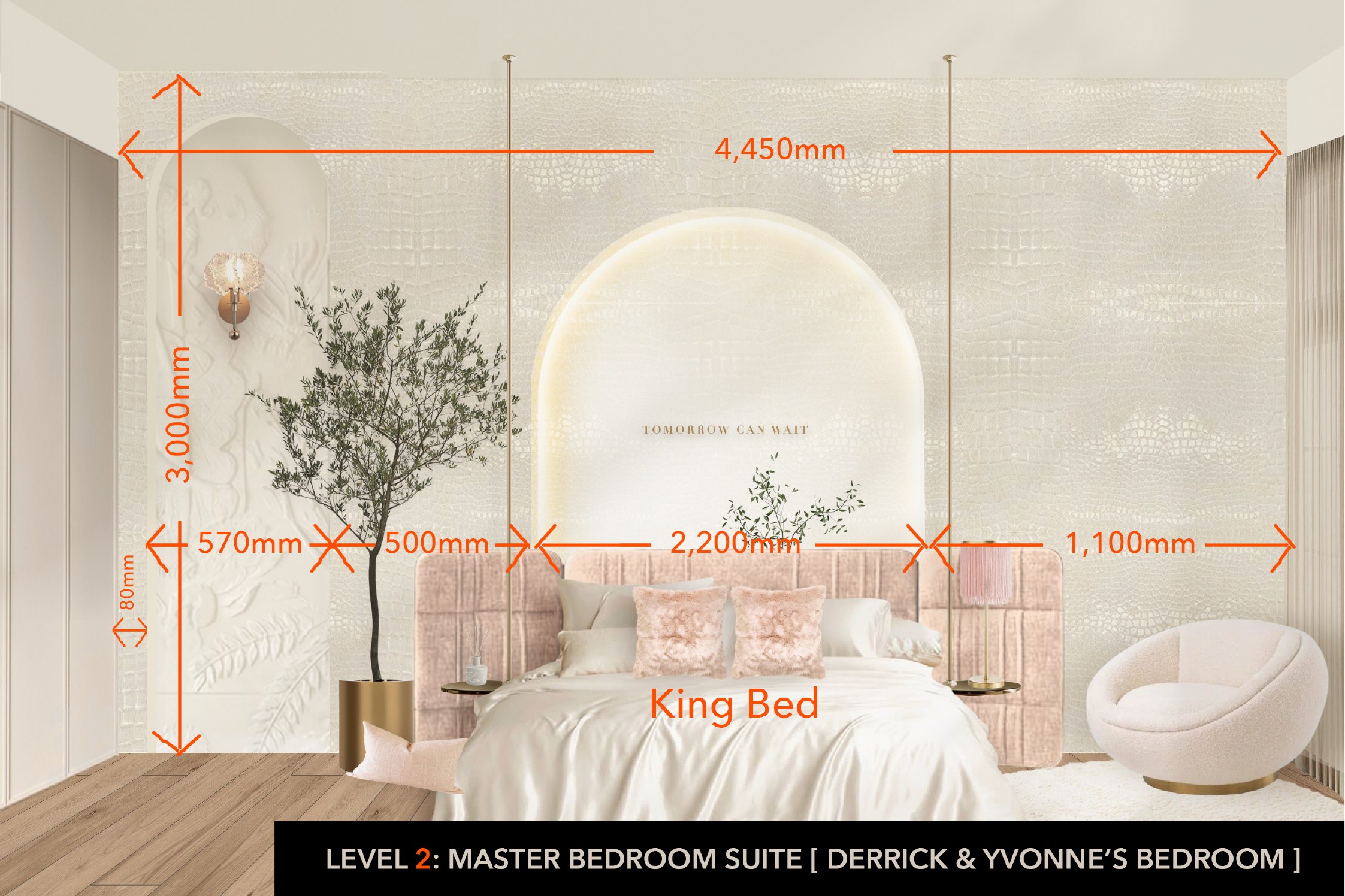 Dimensioned drawing: 4,450mm wall width, 3,000mm height, arch niche 2,200mm, bedside gaps 570/500/1,100mm, "King Bed" label.