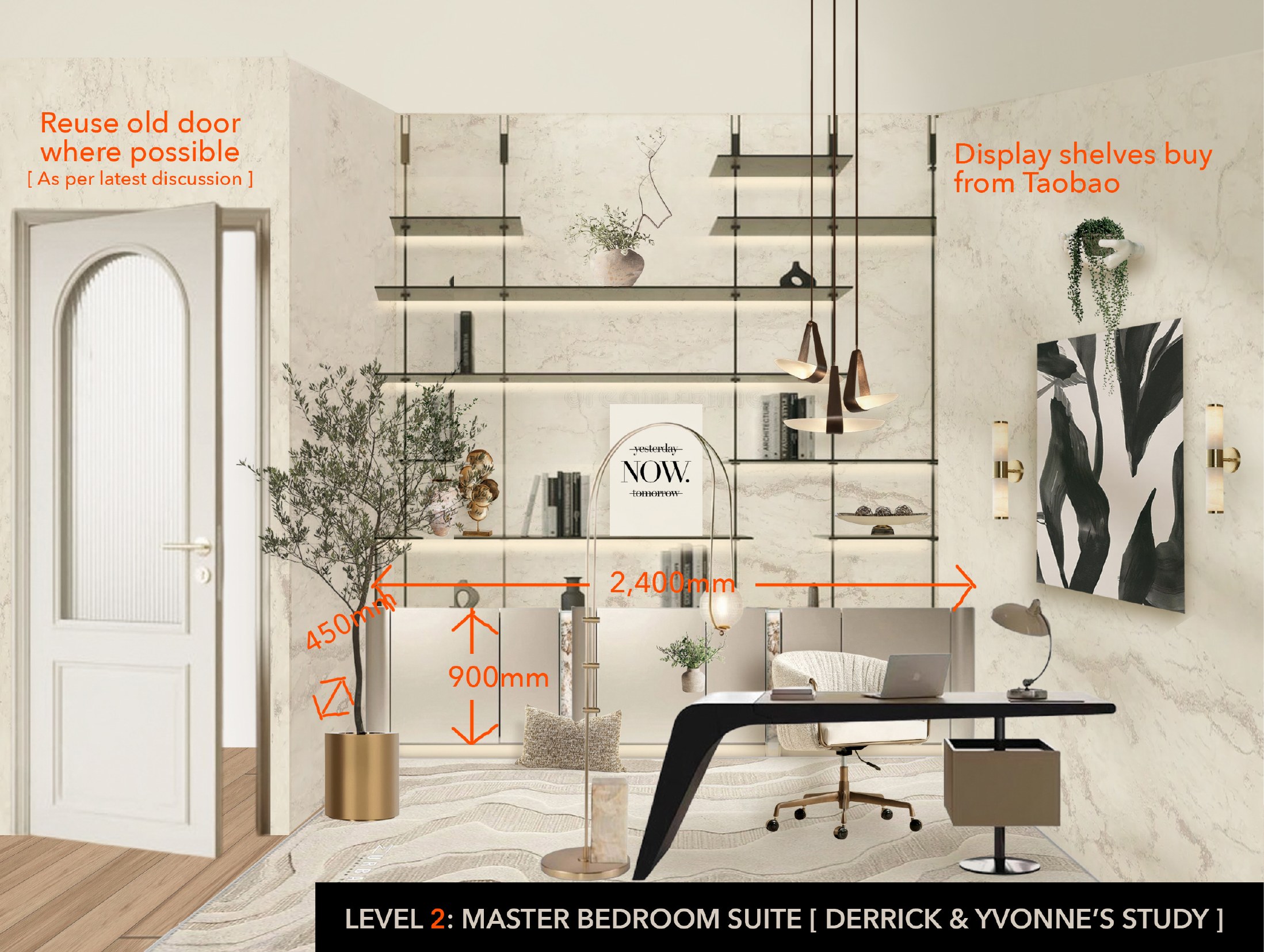 Dimensioned drawing of the study: 2,400mm shelving unit, 900mm/450mm cabinet heights, notes "Reuse old door where possible [As per latest discussion]" and "Display shelves buy from Taobao."