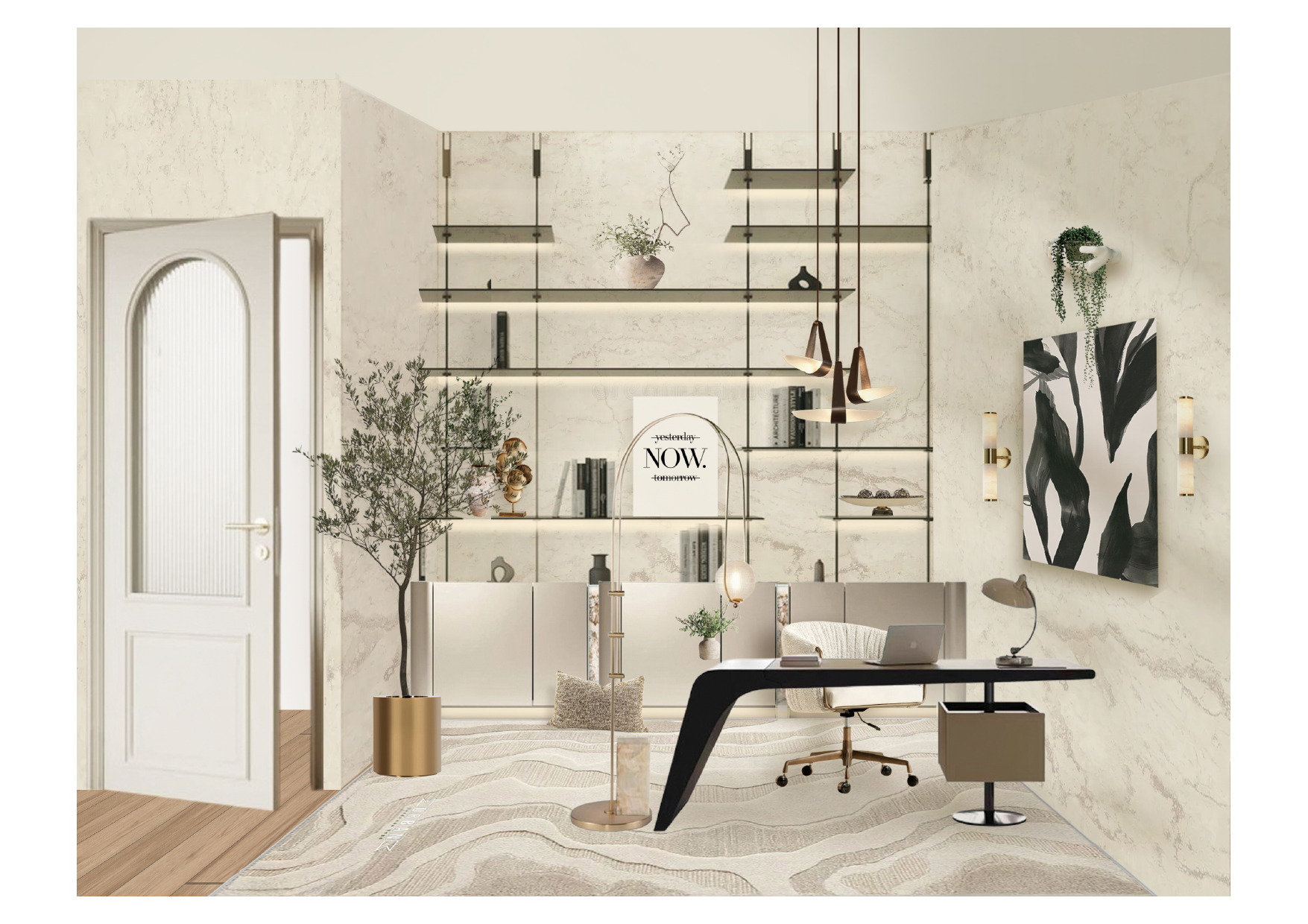 Rendered visual of the study: glass shelving, black desk, arched door.