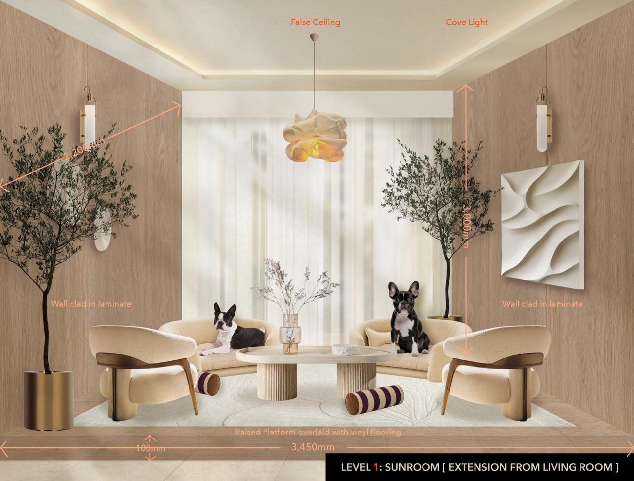Dimensioned version of the Sun Room: 3,450mm wall width, 3,000mm height, 2,200mm diagonal, 100mm raised platform, "Wall clad in laminate," "False Ceiling," "Cove Light," "Raised Platform overlaid with vinyl flooring."