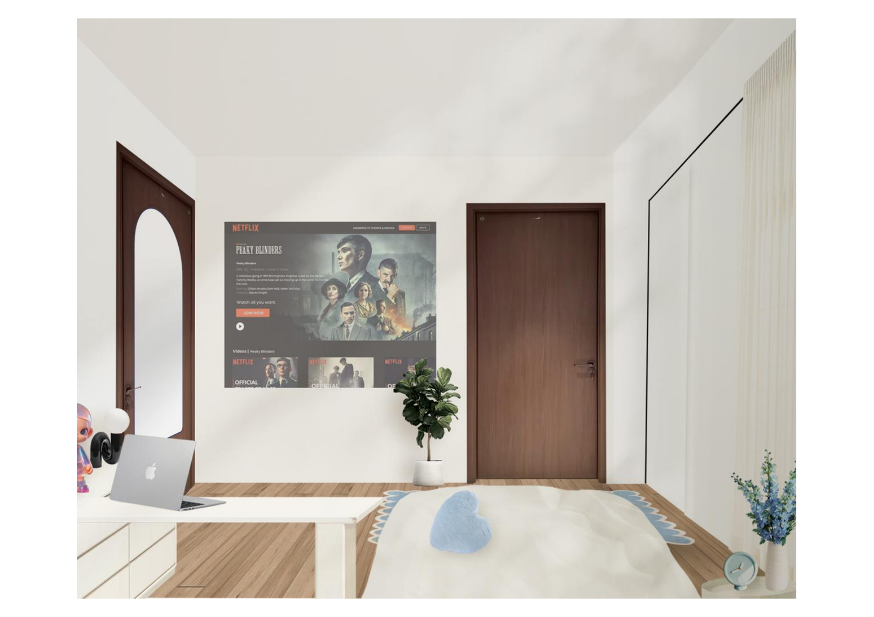 Rendered visual of the opposite wall showing a Netflix-browsing lifestyle mockup graphic and the bedroom door — an artist's-impression placeholder for what a feature/media wall could look like, not a real installed TV/screen.